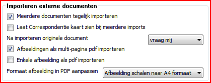 13 Instellingen 13.6.3 IMPORTEREN EXTERNE DOCUMENTEN Hier kunt u instellen hoe u uw externe documenten wilt invoeren. Er zijn verschillende opties mogelijk.