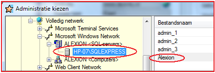 13 Instellingen In dit voorbeeld is dat wederom HP-07\SQLEXPRESS. Als u de SQL-server selecteert ziet u in het rechterveld 1 of meerdere bestandsnamen. U opent hier uw administratienaam van SnelStart.