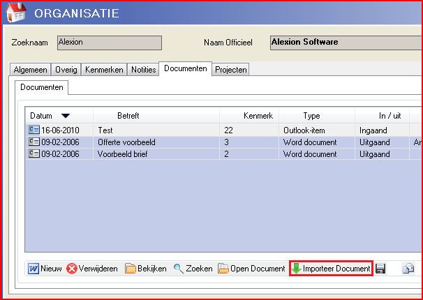 9 Projecten 9.2.3 DOCUMENTEN IMPORTEREN Binnen de kaartweergave Project wordt alleen de uitgaande correspondentie en notities betreffende het Project opgeslagen en zichtbaar bijgehouden.