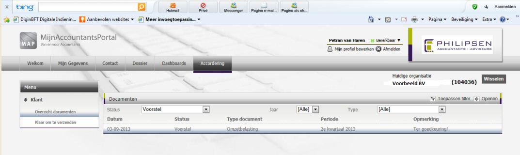 b. De klant zal na het inloggen zien dat er onder openstaande taken en bij Accordering, waar het cijfer 1 is opgekomen, ter goedkeuring de BTW