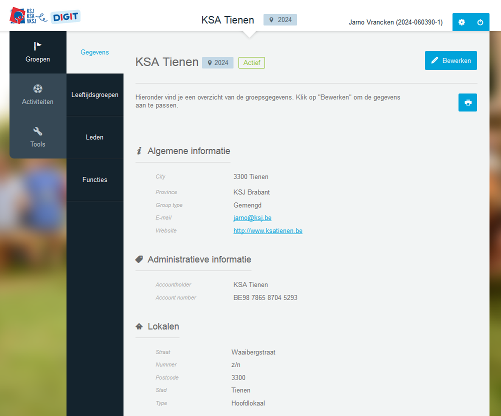 3. Groepen Onder de eerste hoofdcategorie Groepen kan de Digitverantwoordelijke al de gegevens die betrekking hebben op jullie groep bekijken en aanpassen: de algemene gegevens van groep,
