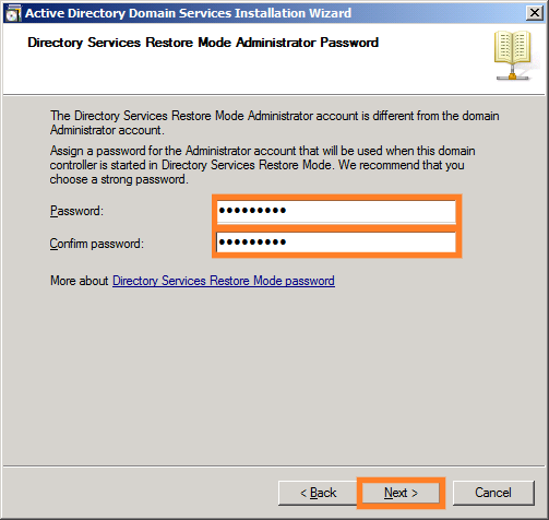 In dit venster moeten we een wachtwoord opgeven wanneer we gebruik willen maken van de Directory Services Restore Mode.
