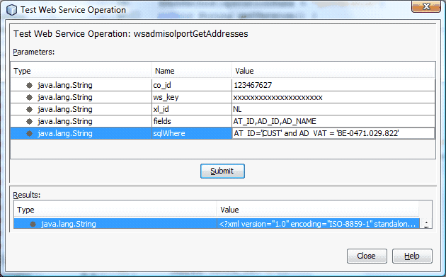 Webservices 309 xl_id is de taal waarin eventuele fouten weergegeven worden fields: zie hiervoor de fields uit de ADDRESS tag vb: AT_ID,AD_ID,AD_NAME where: zie hiervoor de fields uit de ADDRESS tag