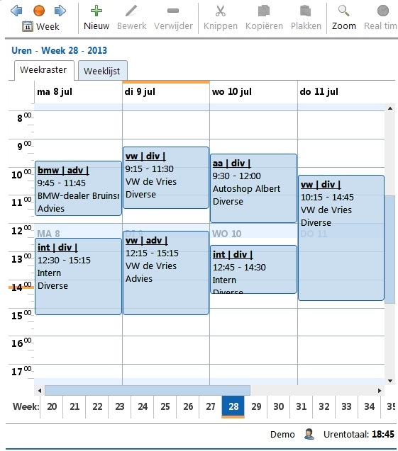 Weekraster De huidige week wordt standaard getoond nadat het programma is opgestart. Aan de linker kant staan de uren van de dag, bovenaan de dagen van de week en onderaan de weeknummers.