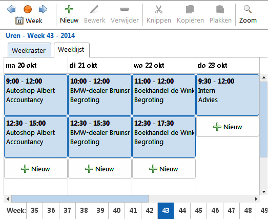 TimeWriter Standard Weeklijst Als alternatief voor het weekraster kan ook voor invoer via de weeklijst worden gekozen.