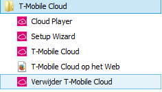 23. T-Mobile Cloud deïnstalleren Om de T-Mobile Cloud te deïnstalleren gaat u naar het Windows Start menu, gaat u naar Alle programma s en selecteert u het T-Mobile Cloud applicatie menu en tenslotte