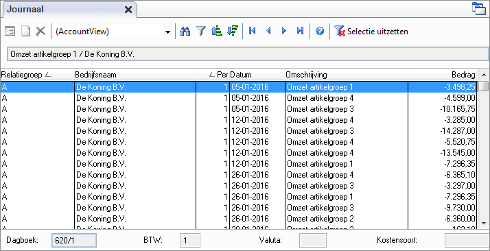 144 Werken met AccountView Afbeelding 7.65. Het venster Journaal toont nu alleen de omzetrekeningen. De kolom Relatiegroep is toegevoegd, en het geheel is gesorteerd.