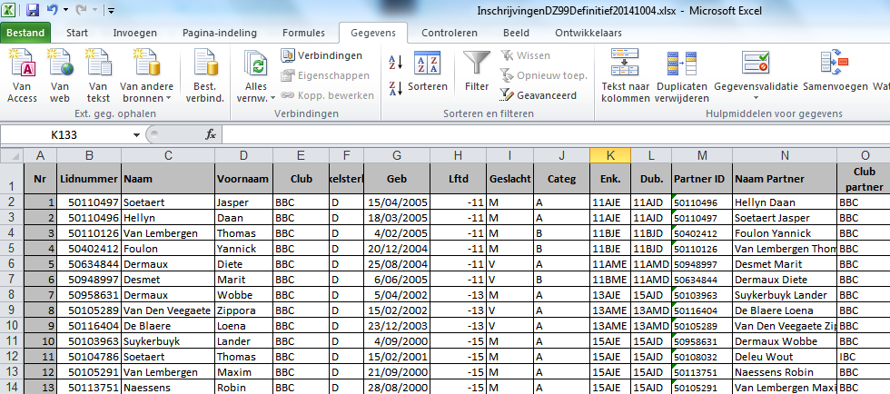 Inschrijvingen importeren Om de inschrijvingen vlot te kunnen importeren, wordt best één Excel-bestand gemaakt waarin alle inschrijvingen gegroepeerd zijn.