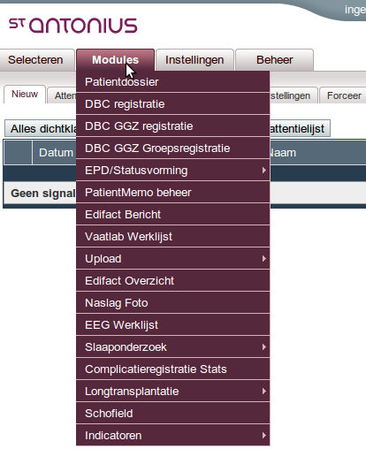 Modules Deze hoofdmenu-keuze biedt toegang tot modules die niet direct gerelateerd zijn aan een enkele patiënt.