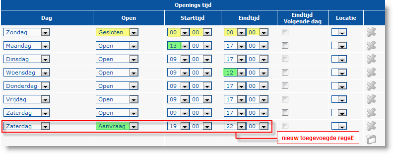 Klik op de groene link van het te bewerken openingstijdenschema (Open ID: naam schema productnaam). Het scherm met de details van het openingstijdenschema demo opent.