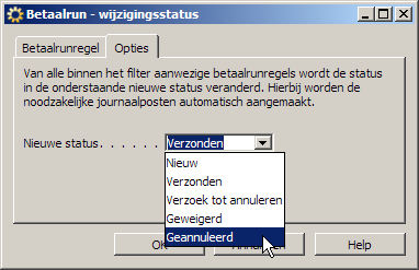 Stap 4. Status wijzigen naar Geannuleerd. Klik op Wijzigingsstatus onder de knop Betaalrun. U komt in het scherm Betaalrun wijzigingsstatus. Op het tabblad Betaalrunregel hoeft u niets te veranderen.