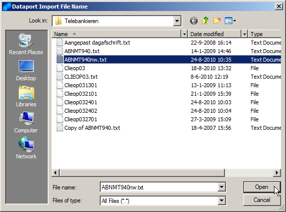 In het volgende scherm Dataport Import File Name dient u het afschrift op te zoeken.