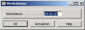 Huidig De datum die in de klok van uw PC ingesteld is (de systeemdatum), heet in Navision de huidige datum. Deze kan opgehaald worden door Huidig (of de eerste letter(s) van dat woord) in te geven.