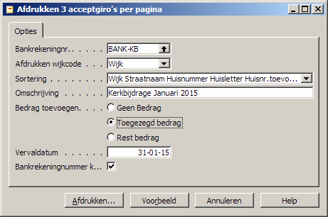 Stap 4. Afdrukscherm acceptgiro s Nu kunt u het afdrukscherm van de acceptgiro s openen en invullen. Kies onder knop Afdrukken een van de opties: 1 of 3 acceptgiro s.