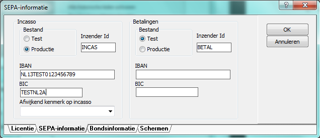 b. Voeg in in het licentie tabblad het Incassant ID c. Ga naar tabblad SEPA-informatie: vul bij Incasso het IBAN (nummer) en de BIC code in.