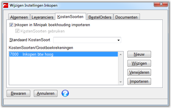 Fakturen-menu/Inkopen (Pro) KostenSoorten Inkopen in Minipak boekhouding importeren Als u de inkoopfakturen wilt importeren in de Minipak boekhouding, is het toekennen van een KostenSoort aan een