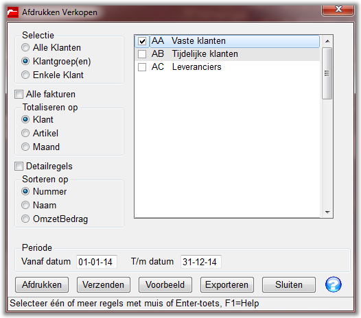 6.6 Afdruk-menu/Verkopen Verkopen Afdrukken Verkopen In dit venster kunnen Verkopen, getotaliseerd op Klant, Omzetsoort of Artikelnummer, per Klant, KlantGroep of alle Klanten worden afgedrukt.