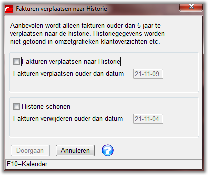 7.6.4 Onderhoud-menu/Bestanden Fakturen verplaatsen naar Historie Fakturen verplaatsen naar Historie Fakturen uit vorige jaren kunnen worden verplaatst van het 'werkbestand' Fakturen naar de