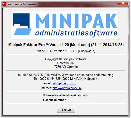 8.2 Help-menu/Info Info Info-venster In dit venster zijn versie-gegevens, contactgegevens van Minipak software en de licentie-gegevens vermeld.