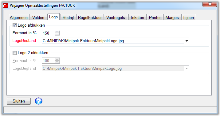 Fakturen-menu/Fakturen Logo Op fakturen, enveloppen en standaardbrieven kan een eigen logo worden afgedrukt. Het af te drukken logo-bestand kan van het formaat.bmp (bitmap) of.jpg zijn.