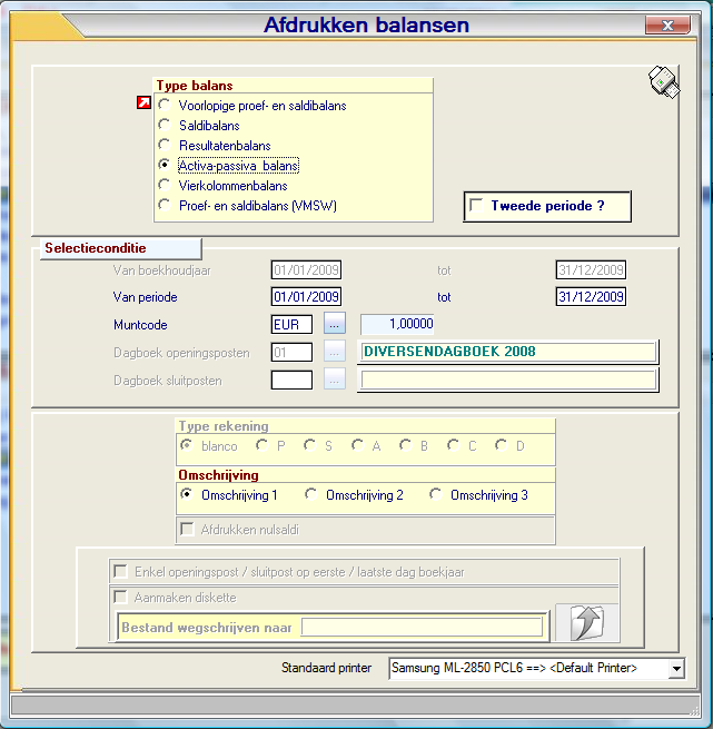 Basisprincipe Afdrukken balansen (P3334) Afdrukken van een proef en saldibalans voor de boekhoudrekeningen, kostenplaatsen, kostensoorten of de extra analytische divisies Afdrukken van de saldibalans