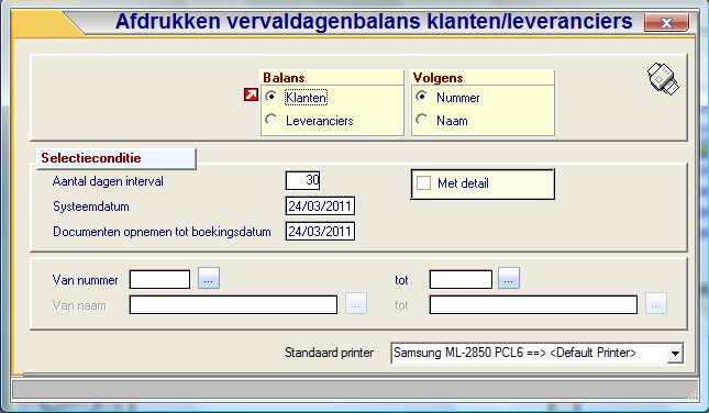 Basisprincipe Vervaldagenbalans klanten en leveranciers (P3342) De verplicht in te vullen velden zijn gemarkeerd met Sorteren volgens Nummer of Naam of vertegenwoordiger Klanten of Leveranciers Extra