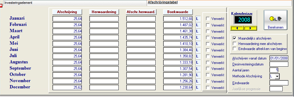 Beheer investeringselementen (P3520) Automatisch berekenen afschrijvingstabel Kosten = U laat PYA de berekeningen van de afschrijvingstabel uitvoeren = U moet de tabel manueel ingeven Indien U in de