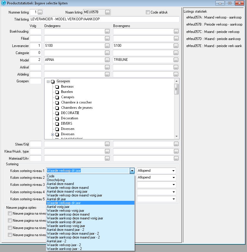 5.15 Productstatistiek Verkrijg een optimaal inzicht in uw productgamma! U kunt in emeubel verschillende product statistiekgegevens opbouwen. 5.15.1 Ingave selectie lijsten Via deze ingave kunt u zelf uw statistieken aanmaken.