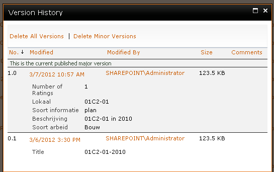 In het venster dat hierna wordt geopend (zie Figuur 42) kan u de verschillende versies van het desbetreffende bestand terugvinden.
