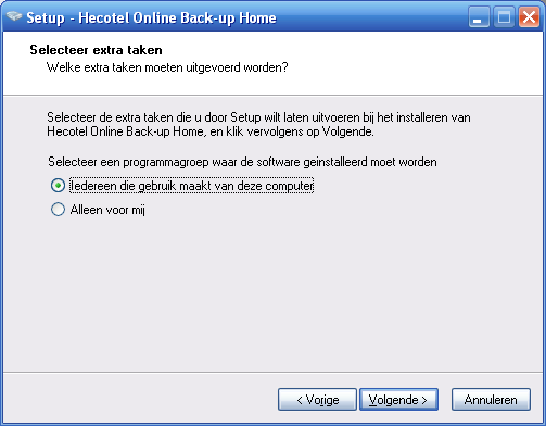 In dit venster kunt u aangeven waar de back-up software opgeslagen moet worden. Er staat standaard een map aangegeven, dit kan gewijzigd worden door op Bladeren te klikken.