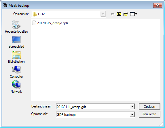 2. Het maken van een back-up in GensDataPro In GensDataPro is het mogelijk om een back-up van een bestandenset te maken. U vindt deze mogelijkheid door in menu <Bestand> te gaan naar <Backups>.