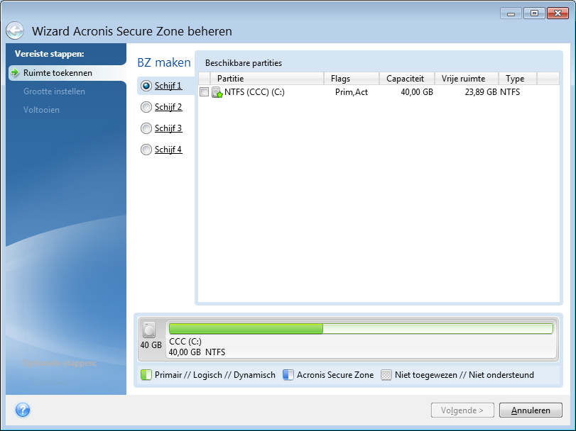 De Acronis Secure Zone kan niet worden gemaakt op dynamische schijven en volumes. 3. Klik op Volgende.