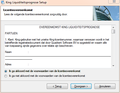 Hierna komt u in onderstaand opstartscherm en klikt u op 'doorgaan' om verder te gaan. Als u akkoord gaat met de licentieovereenkomst klikt u opnieuw op 'doorgaan'.