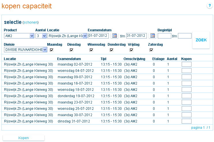 Als van een examentijd minder capaciteit beschikbaar is dan u aangeeft te willen kopen, wordt het veld waarin u het aantal te kopen blokken hebt ingegeven rood.