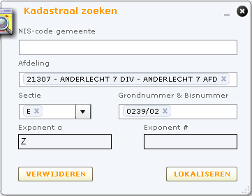 Sectie > Klik op en selecteer de sectie in de keuzelijst. CadGIS toont alleen de secties die voorkomen in de geselecteerde afdeling. Voorbeeld: Perceel > Typ een aantal cijfers in van het grondnummer.