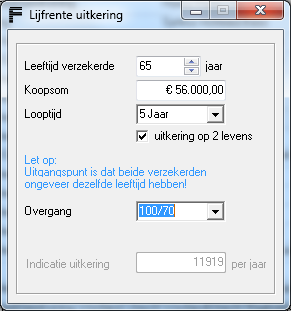 1.5.11 Lijfrente uitkering Met de berekening Lijfrente uitkering kan, bij een gegeven beschikbare koopsom voor verschillende duren en eventuele overgangspercentages, een indicatie worden berekend van