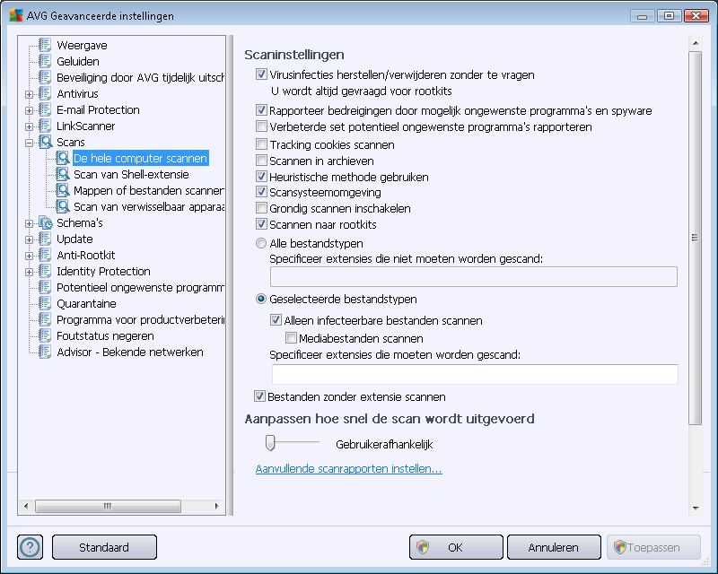 10.7.1. De hele computer scannen De optie De hele computer scannen biedt toegang tot een dialoogvenster waarin u de parameters kunt aanpassen van een van de vooraf door de leverancier gedefinieerde
