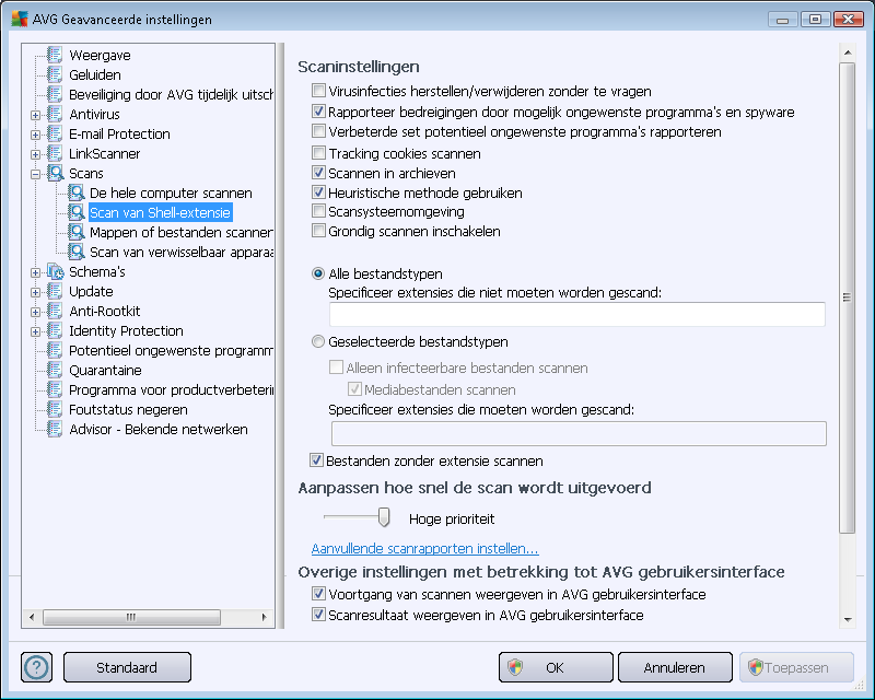 De lijst met beschikbare parameters is dezelfde als die van De hele computer scannen.