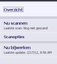 Snelkoppelingen zijn op een grafische wijze onderverdeeld in drie secties: Nu scannen - De knop biedt standaard toegang tot informatie over de als laatste gestarte scan (waaronder het scantype en de