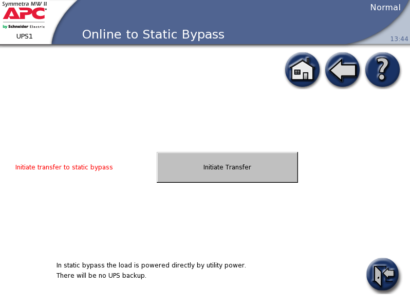 Met interne bypass Bedieningsprocedures Het systeem overzetten van normaal bedrijf naar statische bypass 1.