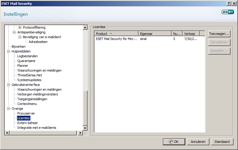 4.13 Licenties Met de vertakking Licenties kunt u de licentiesleutels beheren voor ESET Mail Security en andere ESET-producten zoals ESET Mail Security.