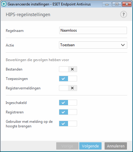 Het HIPS-systeem controleert gebeurtenissen binnen het besturingssysteem en reageert dienovereenkomstig op basis van de regels, die vergelijkbaar zijn met de regels van Persoonlijke firewall.