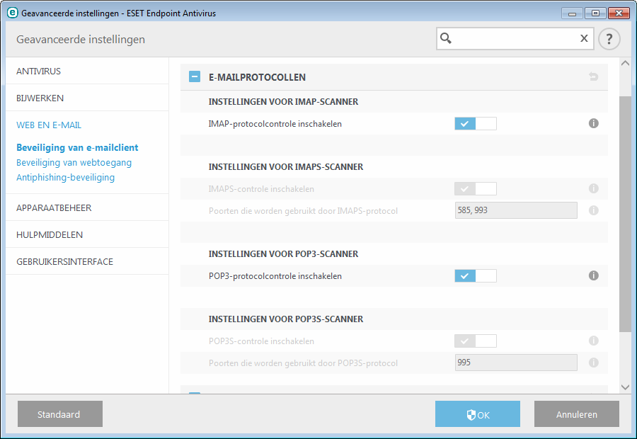 3.8.2.2.3 Waarschuwingen en meldingen E-mailbeveiliging biedt controle over e-mailcommunicatie die wordt ontvangen via de protocollen POP3 en IMAP.