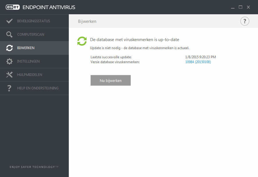 Laatste geslaagde update: de datum van de laatste update. Dit moet een recente datum zijn. Een recente datum geeft namelijk aan dat de database met viruskenmerken actueel is.