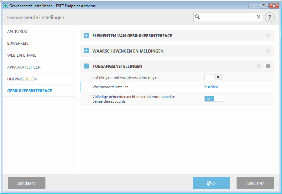 3.8.5.2 Toegangsinstellingen Om maximale beveiliging voor uw systeem te waarborgen is het van essentieel belang dat ESET Endpoint Antivirus correct wordt geconfigureerd.