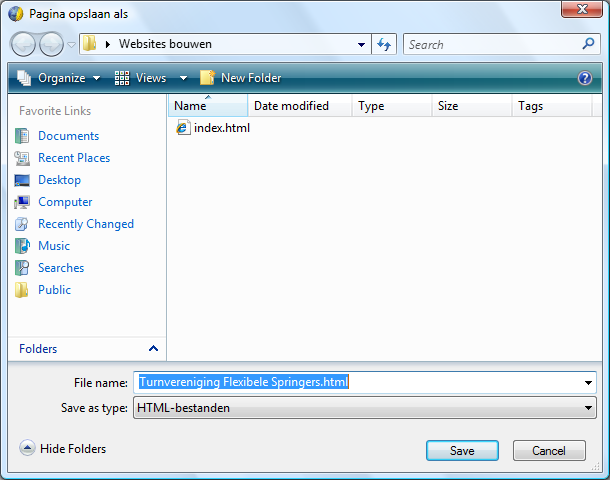 Nadat je de titel hebt gegeven kom je in het scherm terecht om de pagina echt te bewaren. Je krijgt het standaard scherm te zien om bestanden te bewaren.