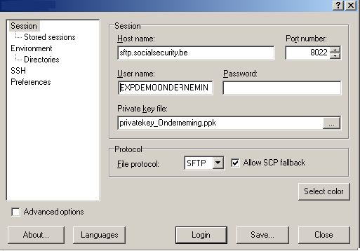 7. Uw SFTP-client instellen Om verbinding te maken met de SFTP-server (host) van de sociale zekerheid moet u onderstaande gegevens instellen in uw SFTP-client(*). De naam van de host in: sftp.