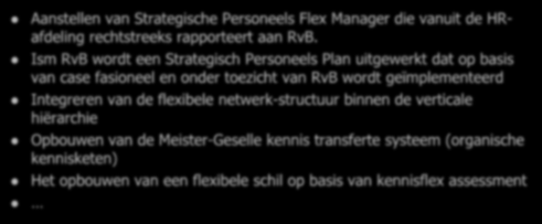 Stap 11 Institutionaliseren kennisflexibiliteit Aanstellen van Strategische Personeels Flex Manager die vanuit de HRafdeling rechtstreeks rapporteert aan RvB.