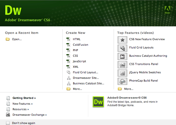 Welkom in Dreamweaver CS6 Dreamweaver heeft de algemene look and feel gekregen van de andere Adobe CS6 pakketten. Dreamweaver heeft - zoals in z'n voorgaande versies - de groene kleur meegekregen.