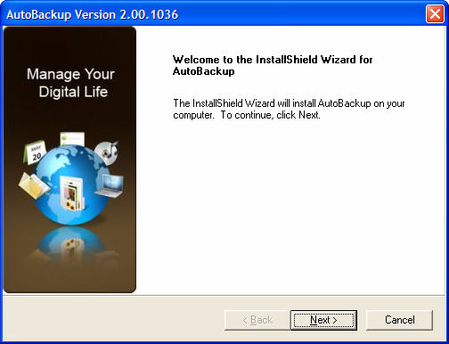 Afbeelding 12: Welkomstscherm AutoBackup Stap 6: Klik op Next [Volgende]. Ten behoeve van de AutoBackup-software dient Microsoft.NET Framework 1.1 op uw systeem te staan.